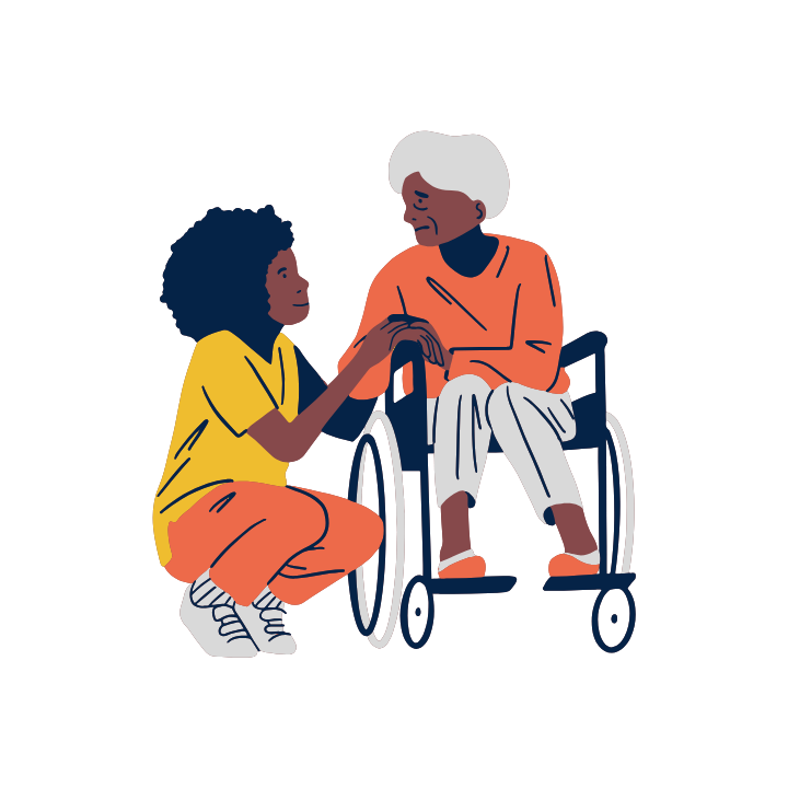 graphic of a young woman sitting on her heels holding an elderly woman's hand in a wheelchair