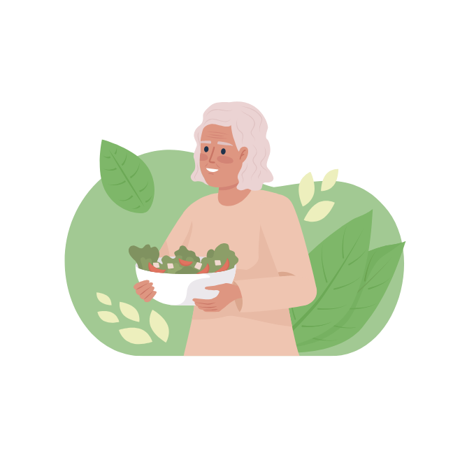 illustration of an old lady smiling and holding a salad bowl