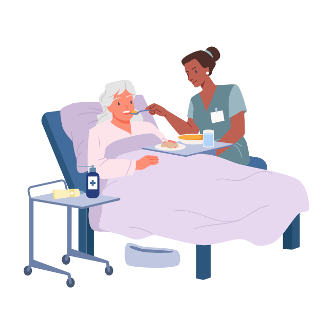 illustration of a health care aide feeding an old woman who is lying in bed