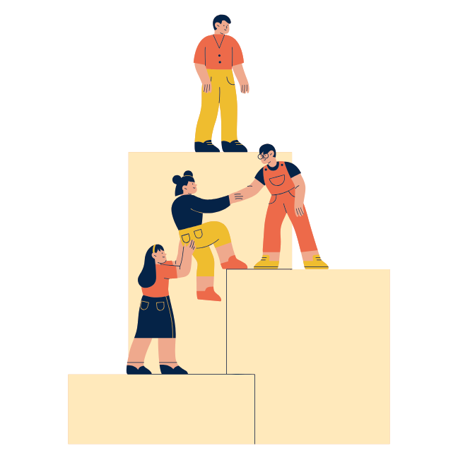 graphic showing people helping each other climb tall stairs