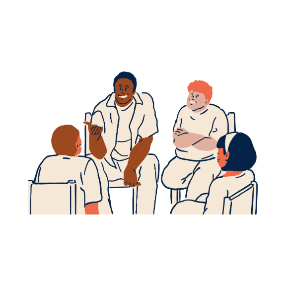 graphic of a group of 4 people sitting in a circle and talking